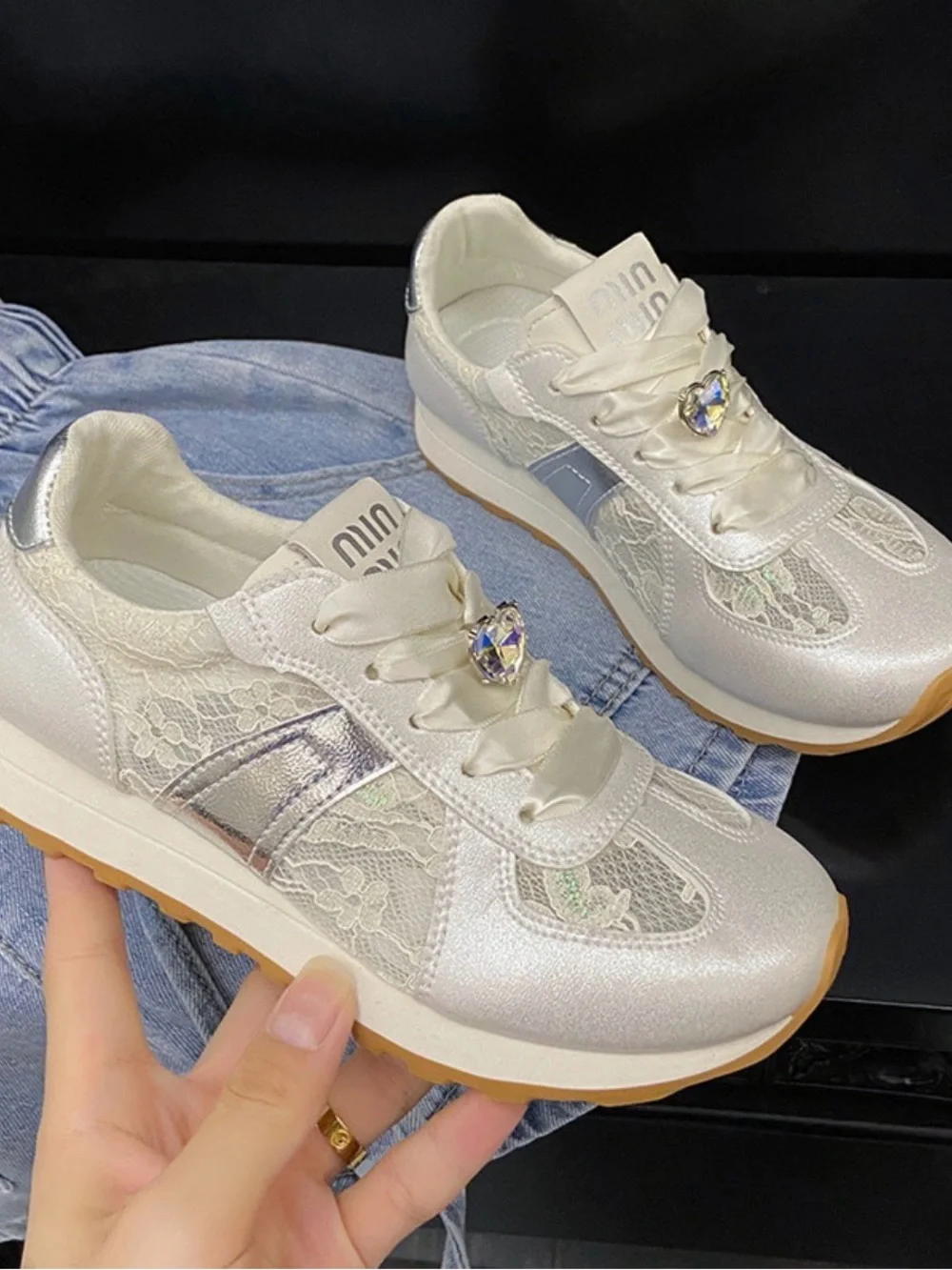 Lace Ribbon Detail Women’s White Sneakers - Picture 2 of 8